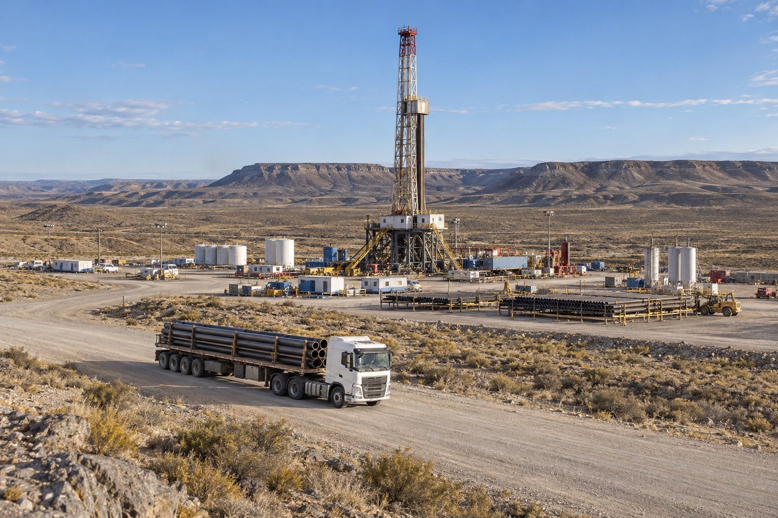 Escena referencial de una base de Oil & Gas con una torre de perforación y transporte de tuberías.